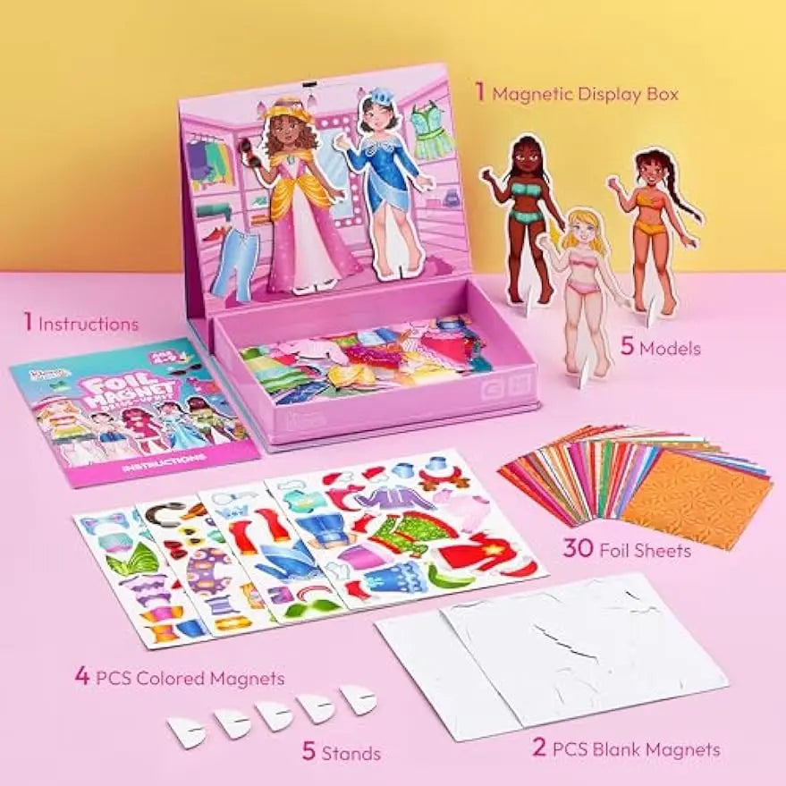 Joyfy Foil Magnet Dress-Up Kit 2-in-1 Fashion DIY Craft for Kids Paper Dolls Travel Activity Birthday Gifts with Display Box