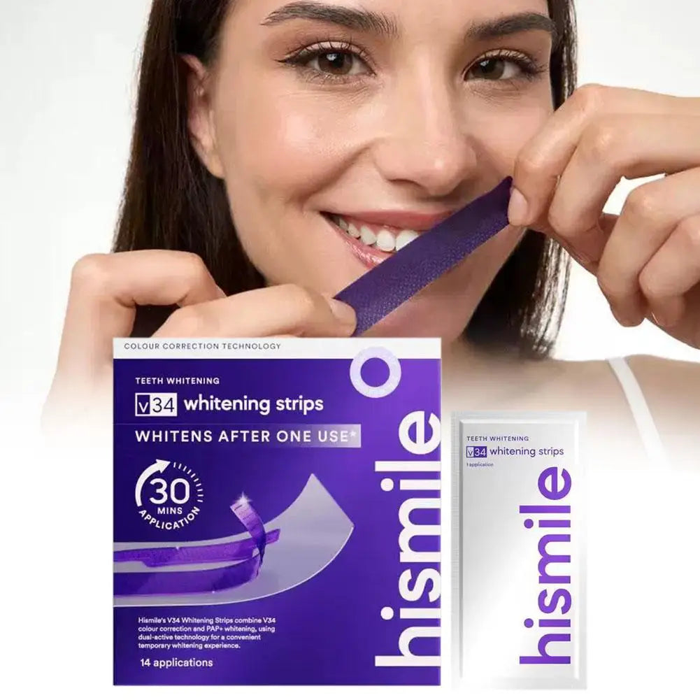 V34 Purple Teeth Whitening Strips Remove Plaque Stains Brighten Teeth Reduce Sensitivity 30 Mins Quick Dental Oral Care Stickers