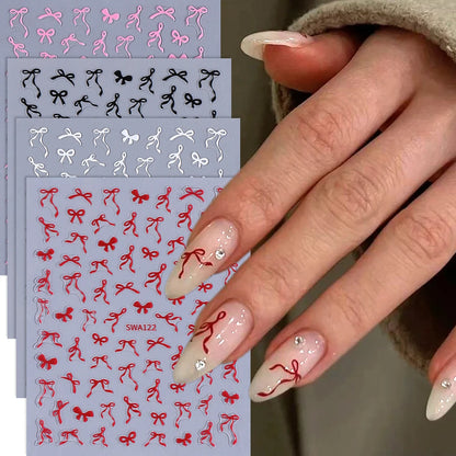 4/8pcs Bowknot Ribbon Nail Stickers Mini Kawaii Lace Bow Tie Design Self-Adhesive Nail Art Decals DIY Manicure Supplies Decor