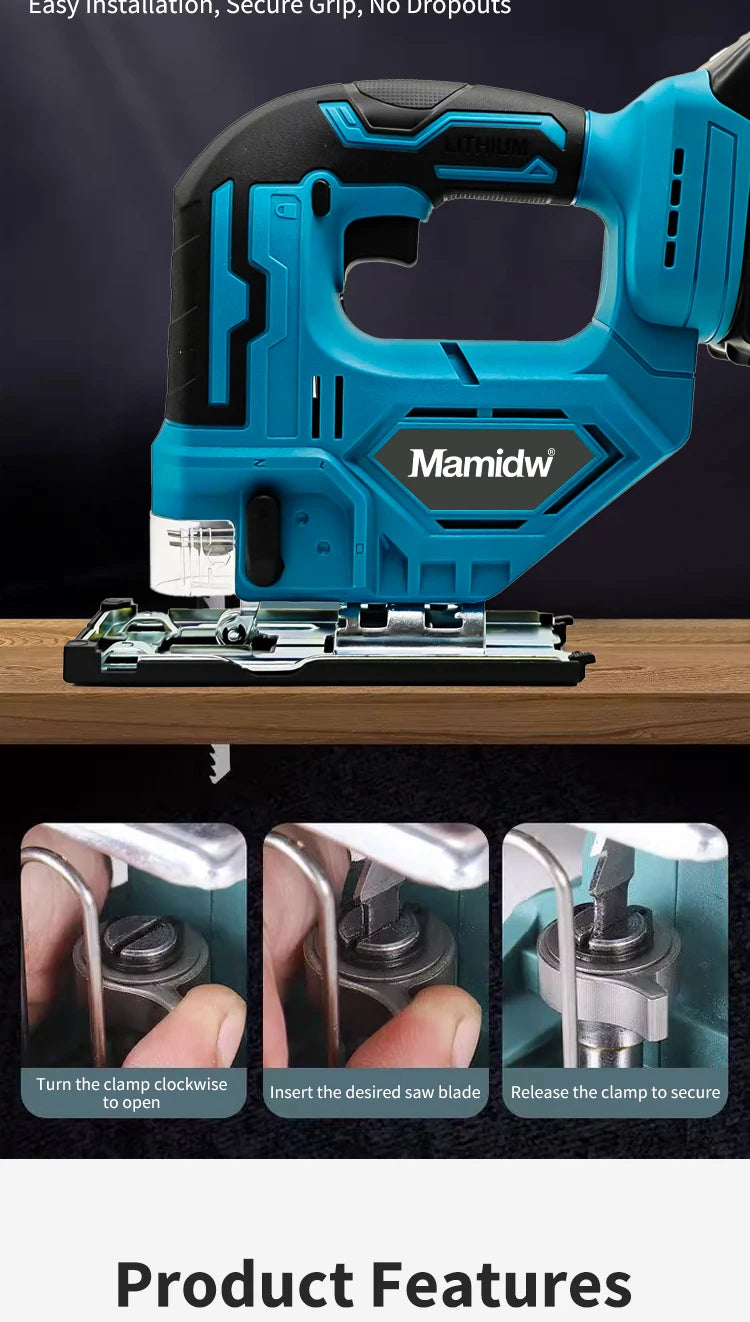 Mamidw Cordless Jigsaw Electric Curve Saw 3000RPM No-Load Speed, 20mm Stroke Length, 45° Tilting Function, Ergonomic Handle, Powered Precision Saw for Wood, Metal, Plastic Cutting, DIY & Professional Use (Tool Only) Compatib