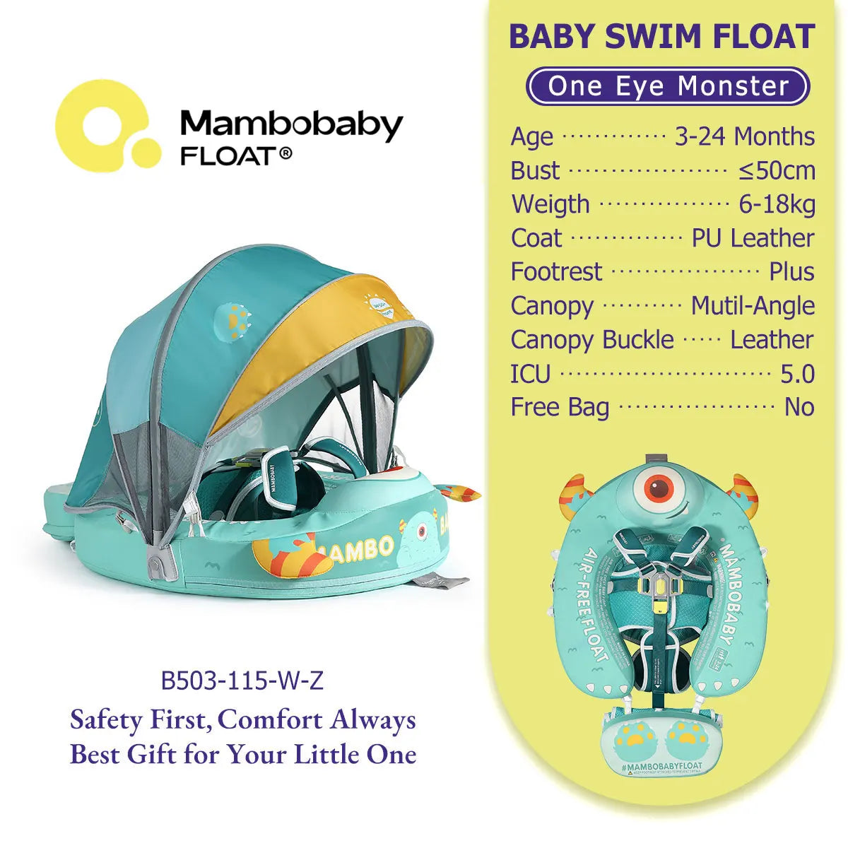Mambobaby Float Safe Solid Core Comfort Skin-friendly Design with Canopy Baby Swimming Ring Toddler Pool Float Infant Water Ring