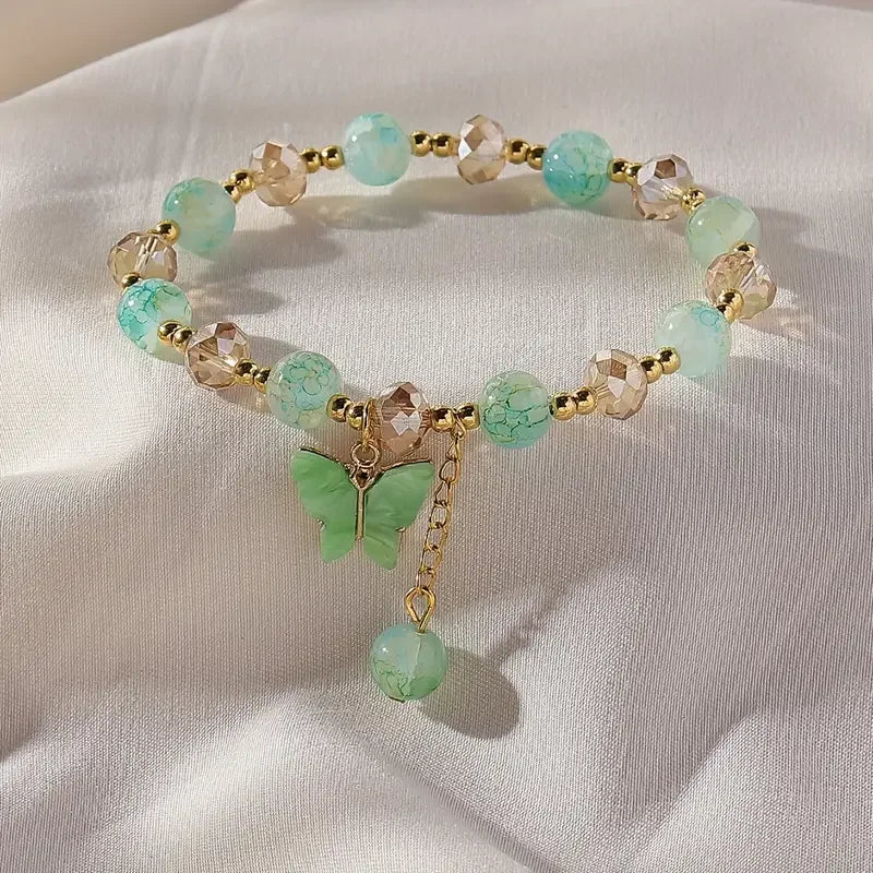 Purple Butterfly Charm Beaded Stretch Bracelet For Women Multi Color Crack Faceted Beads Round Charm Cute Girls Jewelry Gift