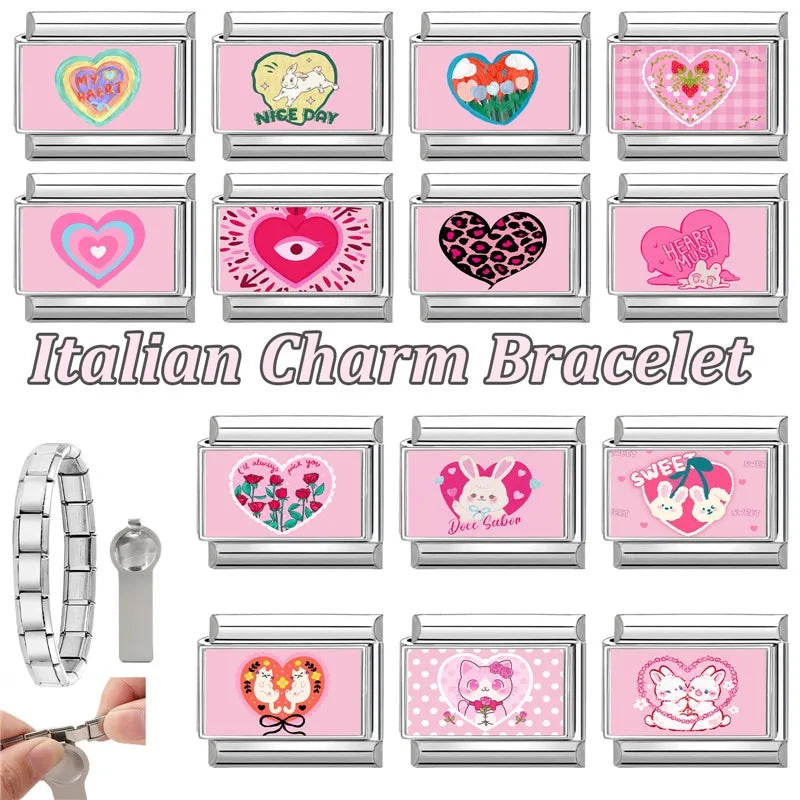 Beautiful Flower Y2K Black Star Dog Heart Pink Italian Charm Link Fit 9mm Stainless Steel Sweet Bracelet Jewelry Making DIY Gift