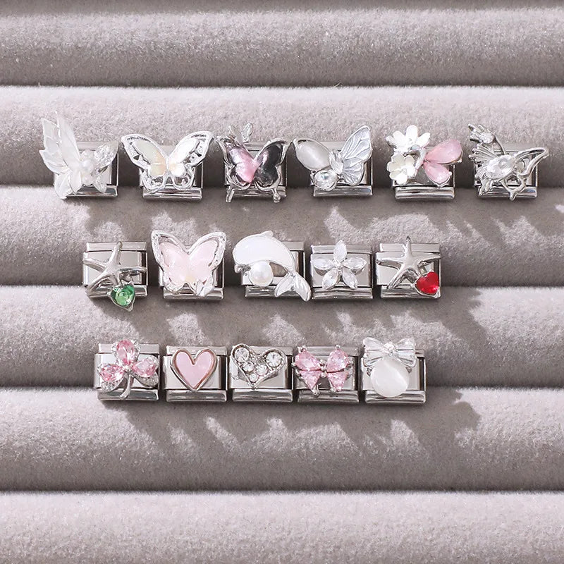 New Shiny Zircon Heart Butterfly Flower Star Bow Italian Charm Links Fit 9MM Stainless Steel Bracelet Girls' DIY Making Gift