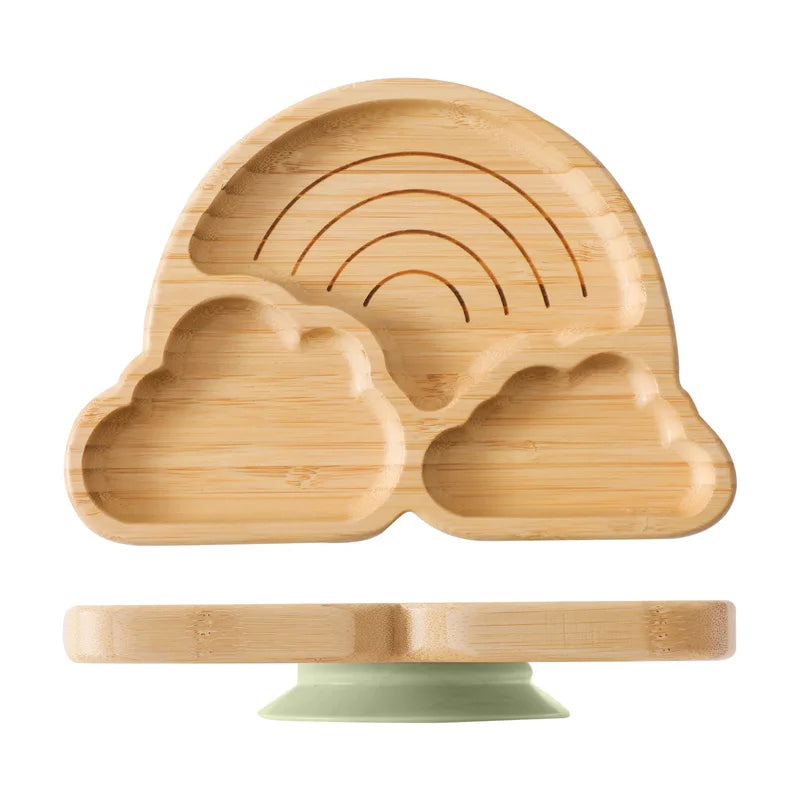 Baby Wooden Tableware Set Wooden Handle Fork Spoon Could Bamboo Wooden Plate Bowl Silicone Suction for Children Feeding Supplies