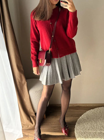 Autumn Knit White Mini Pleated Skirts For Women A Line Skirt Gray High Waist Women Knitted Pleated Short Skirts Korean Fashion