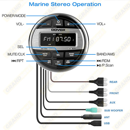GRANDnavi Waterproof Bluetooth Marine Stereo Radio FM/AM Digital Media Audio Player for Boat Yacht ATV UTV Cart Motorcycle