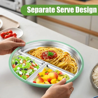 New Non-Slip Stainless Steel Kids Plate with Suction Anti Breakage Divided Baby Plates Silicone Sleeves Removable Toddler Bowls