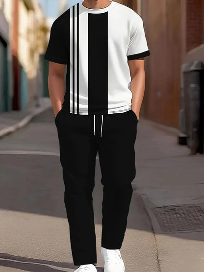3D Navy Anchor Pattern Men's Set Summer Crew Neck Short Sleeve Shirt With Casual Trousers Two-Piece Set Casual Men's Set