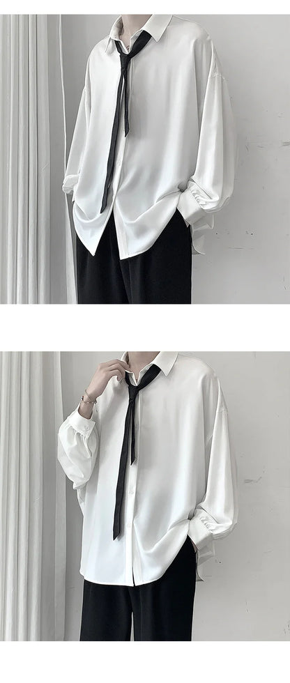 Korean Style Men's Long-sleeved Shirts Black Tie Cozy Casual Solid Oversize Blouses Breathable Loose Shirt Harajuku Male Clothes