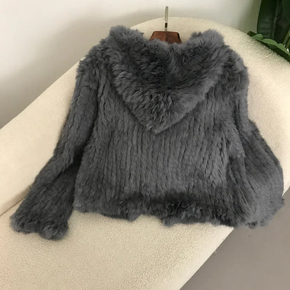 2024 Short Rabbit Fur Coat for Women Autumn Winter New Encrypted Thickened Handmade Double-sided Woven Hooded Korean Style
