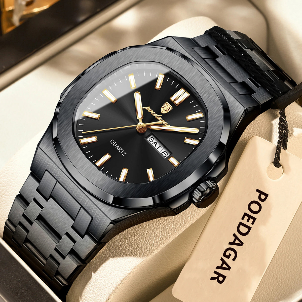 POEDAGAR Luxury Square Men's Watches Waterproof Luminous Date Week Men Watch Stainless Steel Fashion Quartz Man Wristwatch Reloj