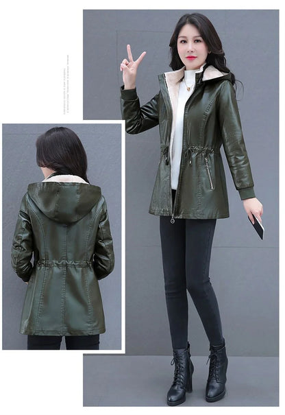 Winter Coat New Fashion Soft Leather Clothes Women's Long Sheep Leather Jacket Plus Velvet Padded Warm Coat
