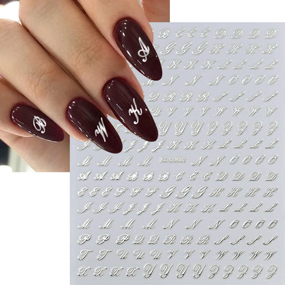 1Pc 3D Roman Letter Nail Stickers Gold/Silver/Black/Laser Alphabet Self Adhesive Decal Y2K English Words/Number Manicure Sliders