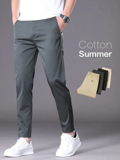 Summer High Quality Cotton Ankle Length Casual Pants Men Business Slim Elastic Waist Jogger Outdoors Korean Work Suit Trousers