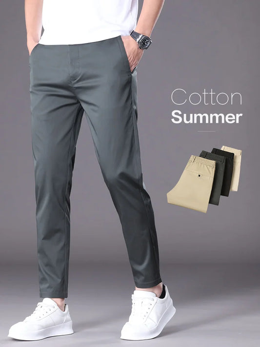 Summer High Quality Cotton Ankle Length Casual Pants Men Business Slim Elastic Waist Jogger Outdoors Korean Work Suit Trousers