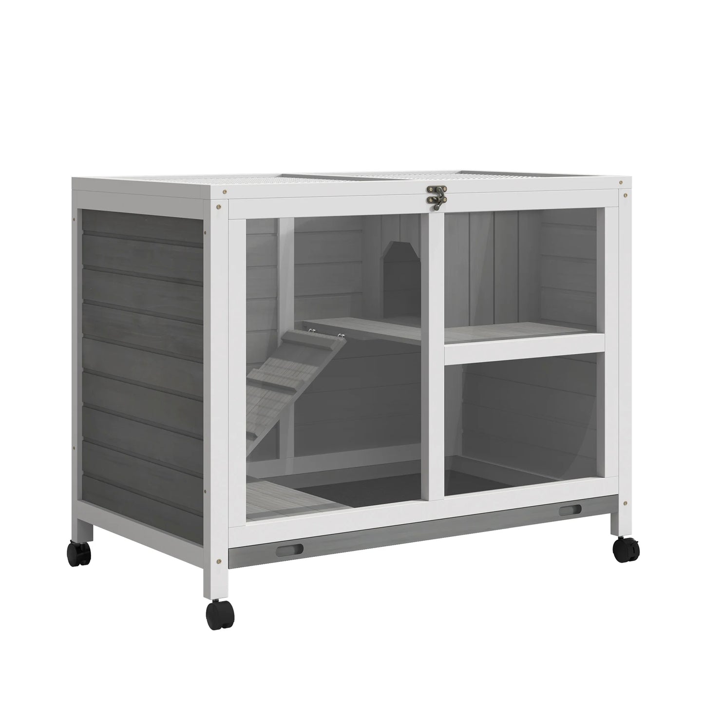 Hutcrate rabbit Cage on castors small solid drink animals enclosure 2 floors sunroof plates-forms x 91,5x73 cm Gray