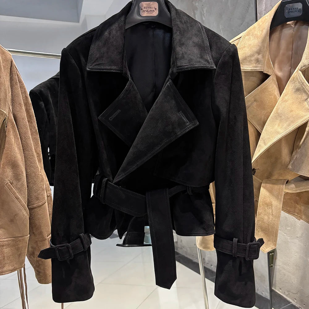 YOLOAgain 2025 Autumn Elegant Real Leather Jacket Coat Women Oversized Leather Jacket With Belt