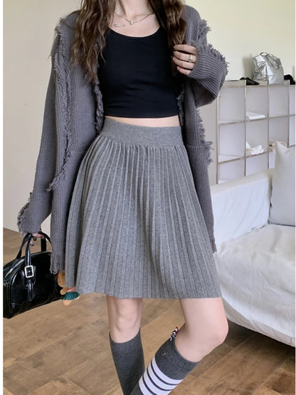 White Knitted Pleated Skirt Women Autumn Winter 2025 New High Waist Mini Skirt Lady's Fashion Korean Solid Women's Short Skirts