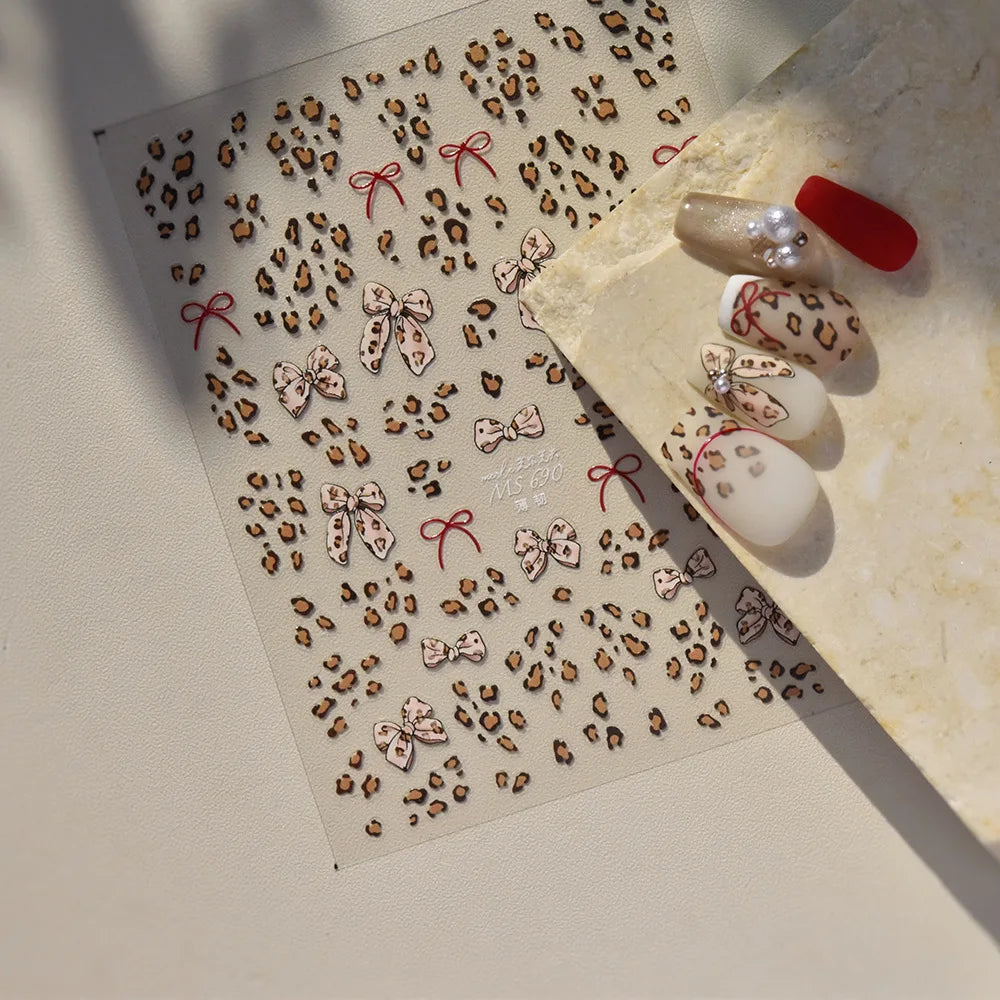 Autumn Winter Leopard Print Bow Nail Art Stickers 3D Thin Tough Nail Sticker Cute Bow Self Adhesive Nails Decorations Decals DIY