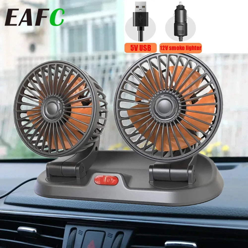 EAFC 5V 12V Car Fan Dual Head Air Cooling Fan 360° Adjustable USB Mini Protable Auto Air Fan Low Noise Car Accessories