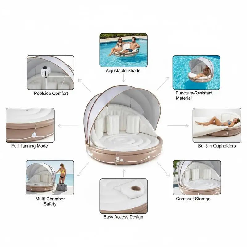 Inflatable Canopy Island Tanning Pool Lounger Float with Retractable Canopy