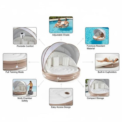 Inflatable Canopy Island Tanning Pool Lounger Float with Retractable Canopy
