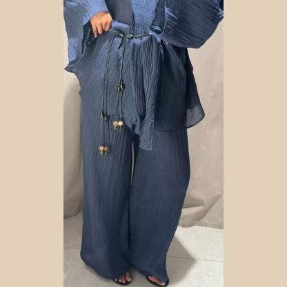Tie Front Textured Women Set V-Neck Loose Set Wide Sleeve Drawstring Pants Casual Lounge Solid Color 2 Piece Outfits For Daily