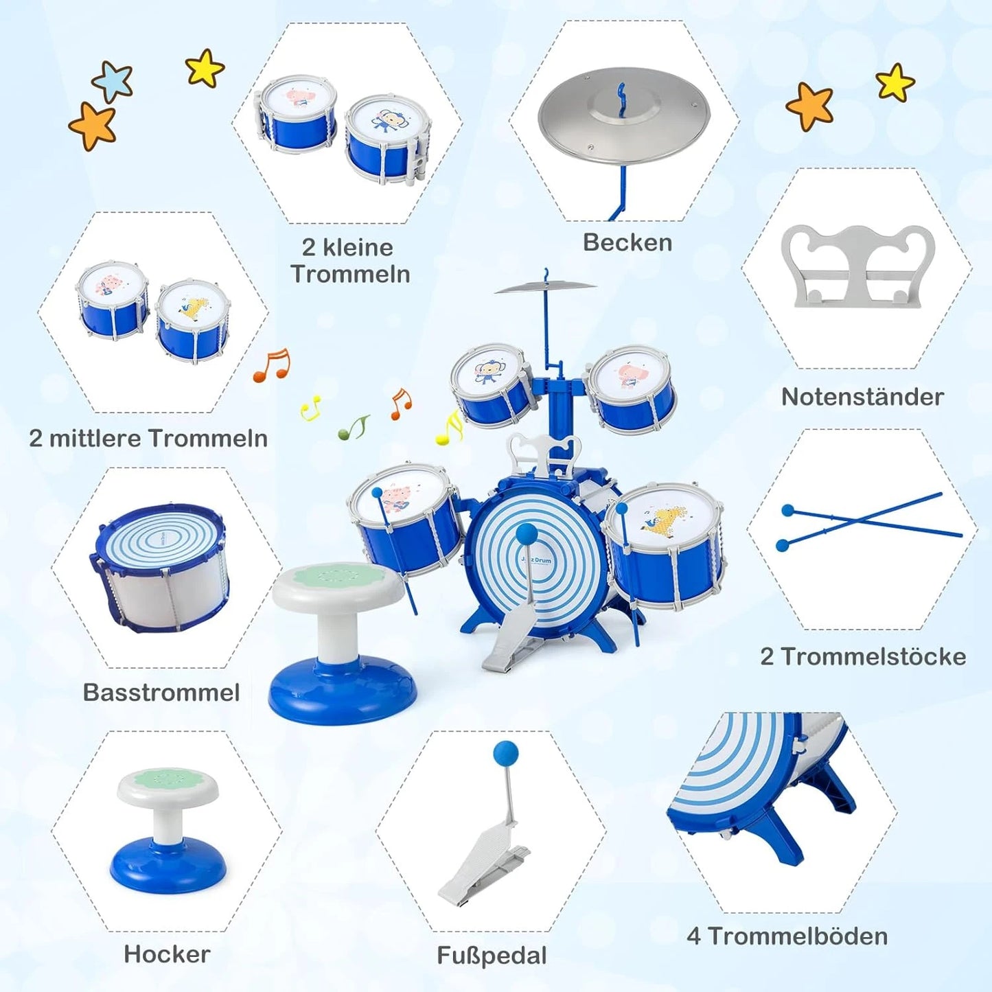Children's Drum Set, Drum Set with Stool, Music Stand & Foot Pedal, Percussion Instrument Drum Set for Children
