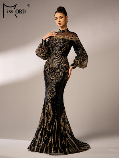 Missord New Black Round Neck Sequin Geometric Cocktail Evening Gown Formal Occasion Wedding Birthday Party National Style Dress