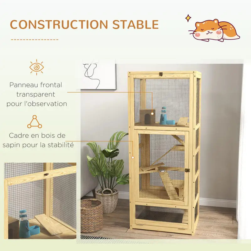 Cage for hamsters or small animals in wood 5 levels with niche balançoire 54 x 38 x 131 cm natural