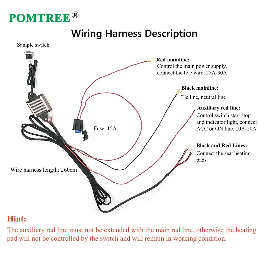 12V 50W Universal Built-in Car Seat Heater Kit Fit 1 Seat,2pcs Carbon Fiber heating Pads Single Control Switch with Harness
