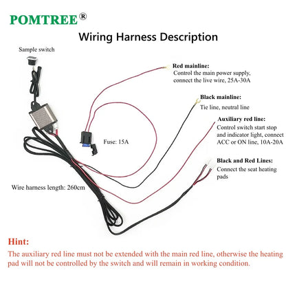 12V 50W Universal Built-in Car Seat Heater Kit Fit 1 Seat,2pcs Carbon Fiber heating Pads Single Control Switch with Harness
