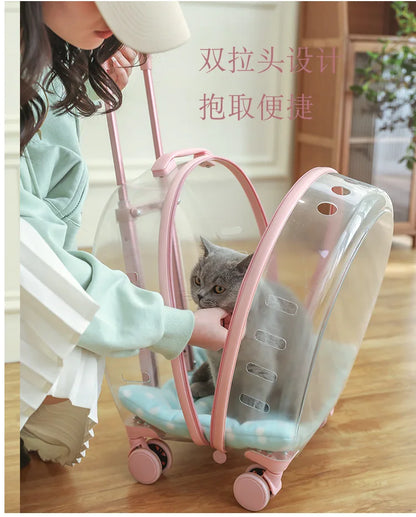 2026 Large Capacity Pet Suitcase for Two Cats Dogs Breathable Clear Wheel Portable Carry-on Luggage Pet Travel Bag