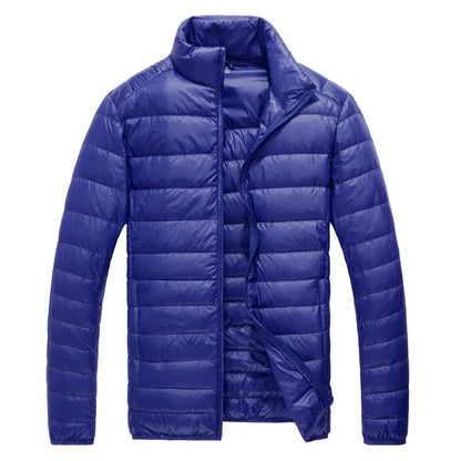 Schinteon Men Ultralight White Duck Down Jacket Thin Stand Collar Solid Color Simple Autumn Outwear