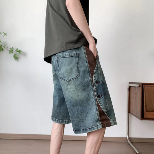 Mens Loose Fit Summer Denim Shorts Elastic Waist Washed Blue Side Personality Design Casual Comfortable Fashion Trendy Outdoor