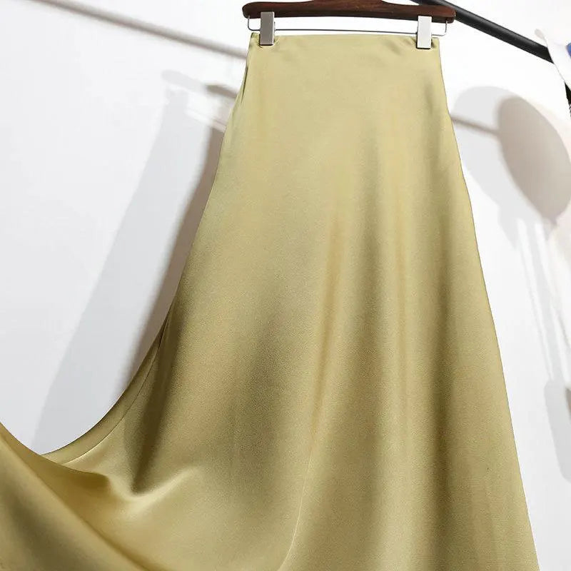 Botvotee Elegant Satin Long Skirt for Women Spring Summer 2025 Office Ladies Korean Style Loose Elastic Band Midi Skirts