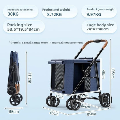 High Quality Foldable 4 Wheels Pet Carrier Adjustable Comfortable Waterproof Pet Stroller Washable Portable Travel Product