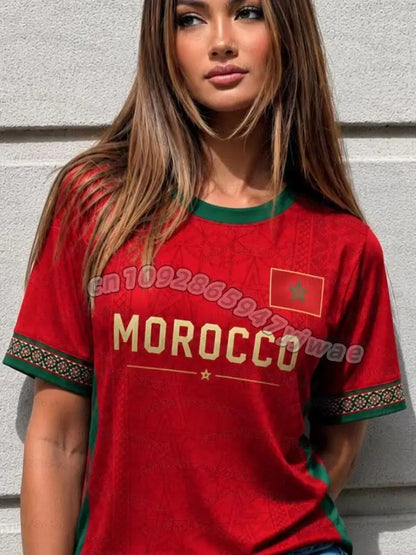 2026 Women Morocco Flag Soccer Fan T-Shirt Crewneck Short Sleeve Breathable Quick Dry Streetwear Casual Football Kids T-Shirt