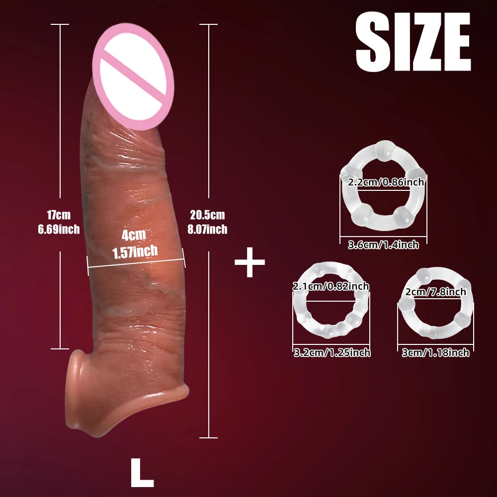 Realistic Super Huge Penis Sleeve Big Growth Penis Delayed Ejection Extend Penis Reusable Enlarger Silicone Condom Male Sex Toy