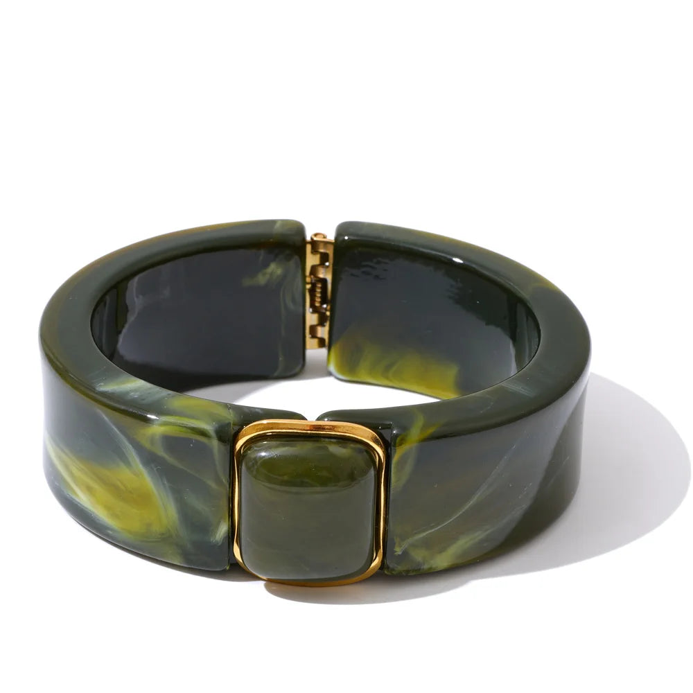 Yhpup 66mm Green Pink Brown Purple Acrylic Thick Bracelet Bangle for Women Stainless Steel Arrivals 2025 Wrist Jewelry Gift