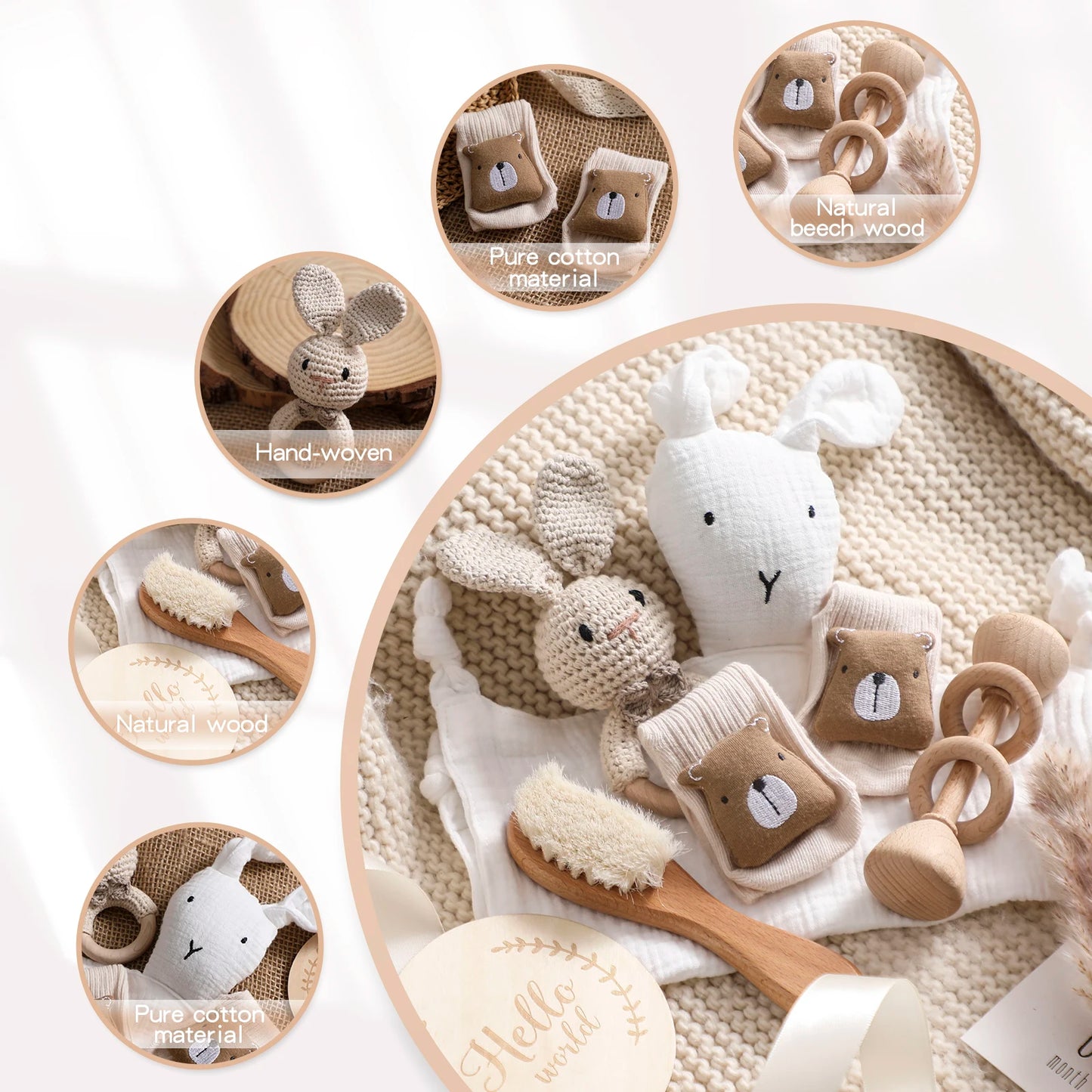 Newborn Baby Bath Set with Double Sided Cotton Blanket Face Saliva Towel Crochet Rattle Toy Wool Brush,Gift Box for Baby Shower