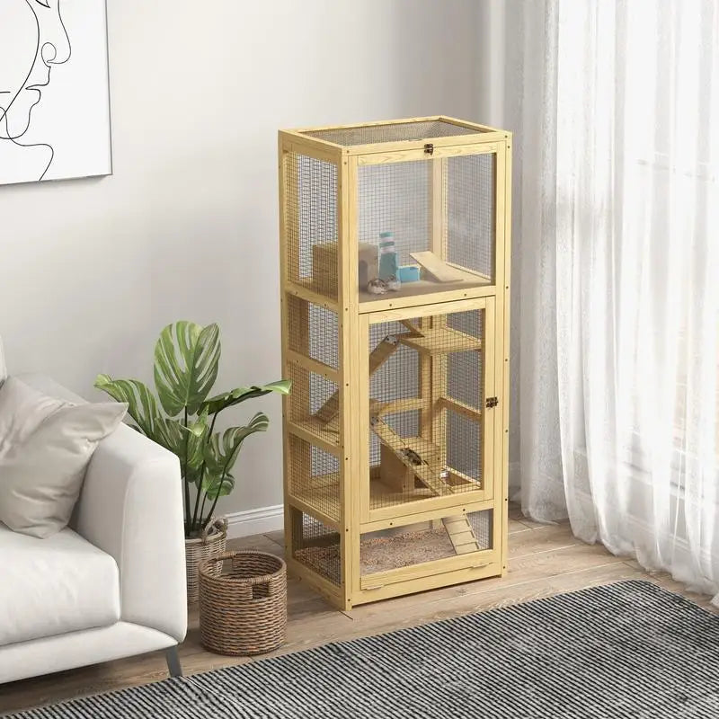 Cage for hamsters or small animals in wood 5 levels with niche balançoire 54 x 38 x 131 cm natural