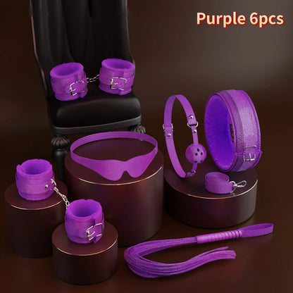 6-10Pcs/Set Sexual Bondage Handcuff Whip Adult Couple Sex Toys Tools Set Erotic Sex Toys for Woman Couples Leather BDSM Kits