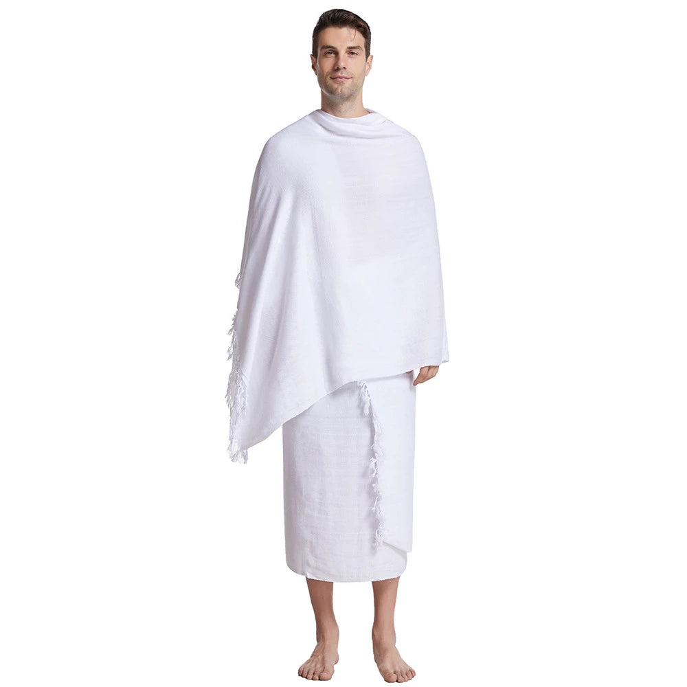 2Pcs Ihram Pilgrimage Towel For Muslim Arab Mecca Hajj Clothes Men Islamic Ramadan Prayer Worship Costumes Shawl Jubba SetThobe