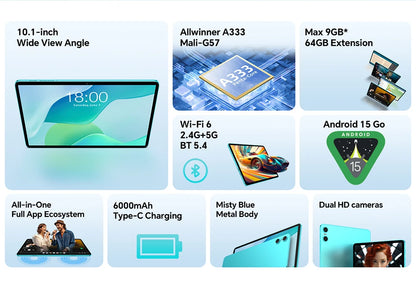Teclast P33 10.1 Inch Tablet, Android 15, Max 9Gb Ram 64Gb Rom, Wifi 6, 6000Mah Type-C, Dual Camera, Metal Body, Allwinner A333