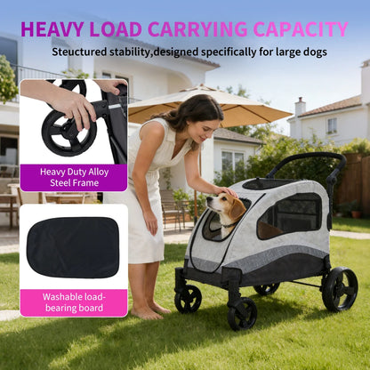 Heavy Duty Pet Wagon & Large Dog Stroller , Collapsible Dog Cart with Adjustable Handle, Breathable Mesh and Storage Pockets