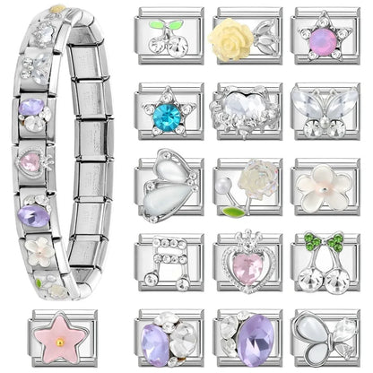 Wholeasle Shiny Zircon Shell Love Heart Devil Eyes Italian Charm Links Fit 9mm Stainless Steel Bracelet Women Jewelry DIY Making