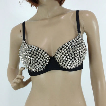Sexy Rivets Punk Lingerie Underwear,Fashion Metallic Flash Rivet Bra with Wire Free for Women,Nightclub Party Bar Hot Bras
