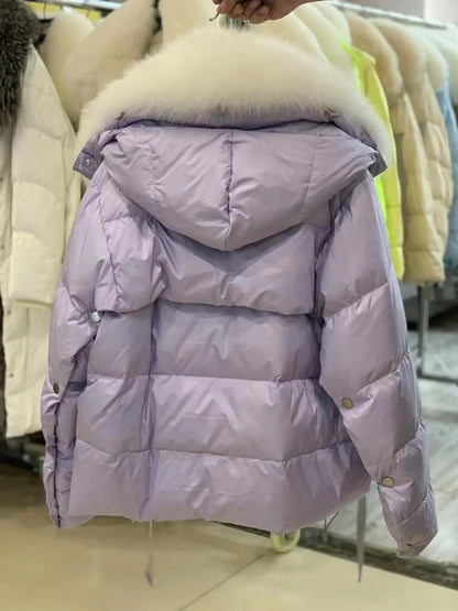 2024 Winter Women Warm Coat Oversized Real Fox Fur Collar Thick Luxury Outerwear New Fashion 90% Goose Down Jacket